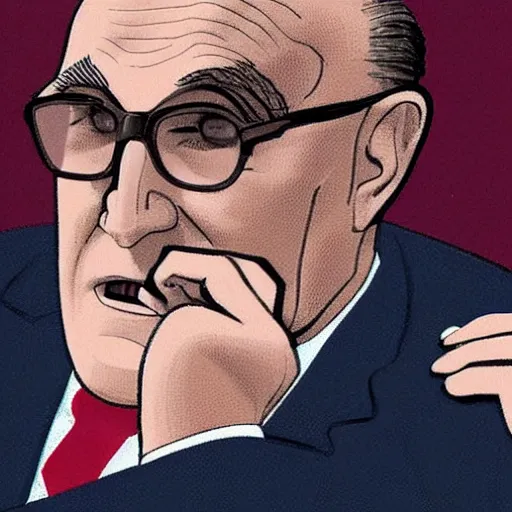 Prompt: close - up portrait of rudy giuliani showing how cell phone, by chris ware