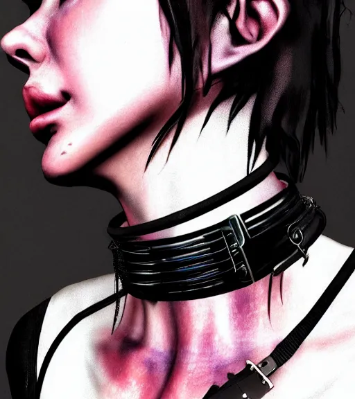 Image similar to detailed realistic female character cyberpunk wearing thick tight collar around neck, realistic, art, beautiful, 4K, collar, choker, collar around neck, punk, artstation, detailed, female, woman, choker, cyberpunk, neon, punk, collar, choker, collar around neck, thick collar, tight around neck, punk,