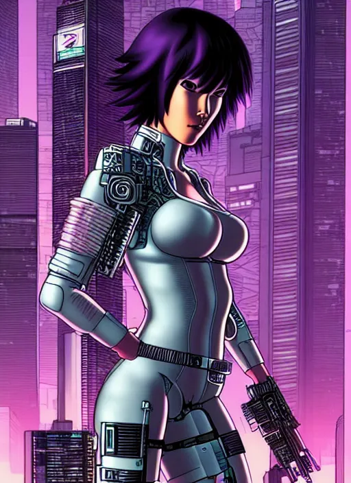 Image similar to motoko kusanagi in grungy cyberpunk megacity, intricate and finely detailed, cyberpunk vaporwave, portrait by j scott campbell