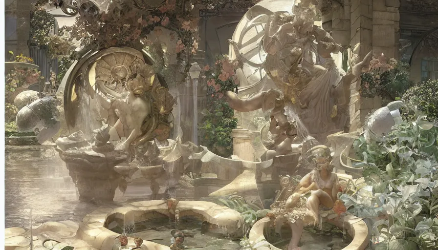 Image similar to craig mullins, studio ghibli, and alphonse mucha illustration of a relief sculpture of the sun on top of a fountain in a garden, flowers, unreal engine, hyper realism, realistic shading, cinematic composition, realistic render, octane render, detailed textures, photorealistic, wide shot