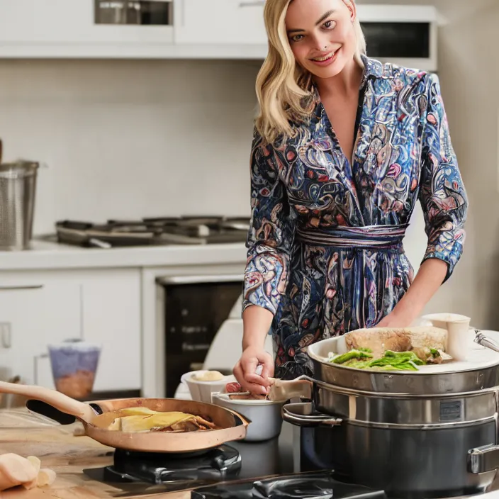Prompt: portrait of Margot Robbie cooking while wearing kemben, by Charlotte Grimm, natural light, detailed face, CANON Eos C300, ƒ1.8, 35mm, 8K, medium-format print