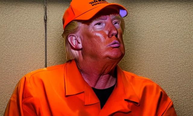 Image similar to full shot of donald trump wearing an orange jump suit, crying in a dirty jail cell in guantanamo, photograph, realistic, dramatic lighting