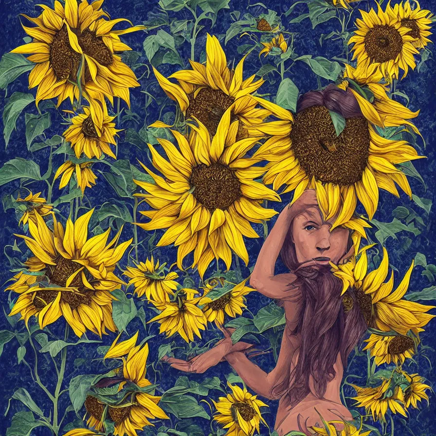 Image similar to Artwork illustrating human-sunflower hybrids in a surrealist style.