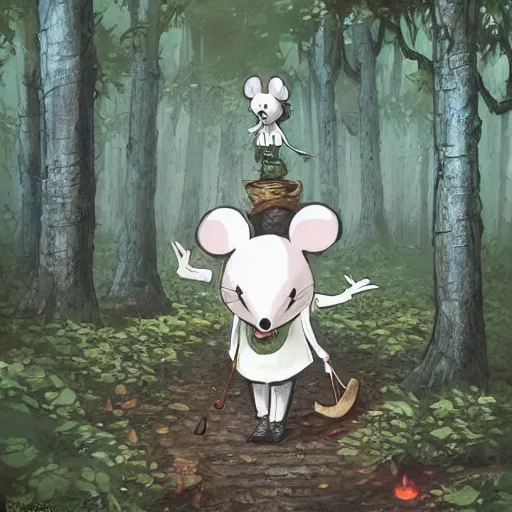 Image similar to an adventurous anthropomorphic white mouse wearing medieval clothing walking through a lush forest, concept art, James jean