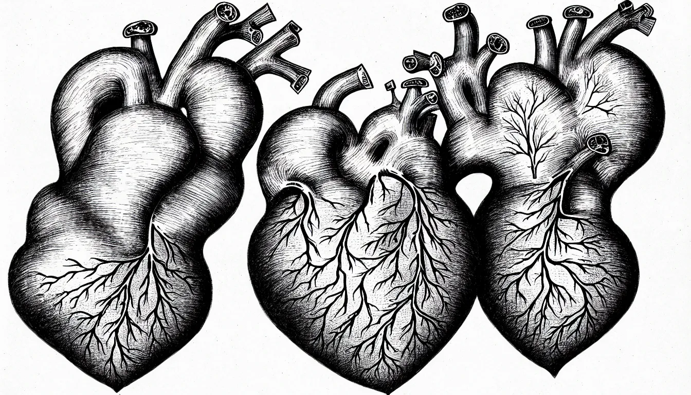 Image similar to a human heart with mushrooms growing on it, anatomically correct drawing