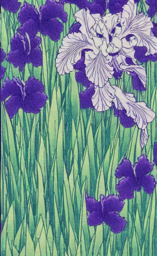 Prompt: by akio watanabe, manga art, iris flowers surface lake, trading card front