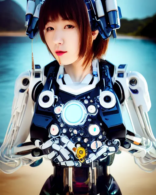 Prompt: beautiful centered photo portrait of korean girl as a solarpunk robotic cyborg with white mechanical parts and implanted bright halogen lamps, treading on calm water, ultra - realistic and detailed, sun lit, white background, bokeh, soft focus, slow exposure hdr 8 k