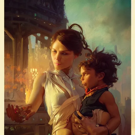 Image similar to giantess woman holding a small man in her hands, intricate, highly detailed, digital painting, artstation, concept art, smooth, sharp focus, illustration, unreal engine 5, 8 k, art by artgerm and greg rutkowski and alphonse mucha