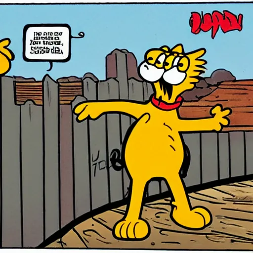 Image similar to garfield points a gun at odie, panel from garfield comic strip, illustrated by jim davis