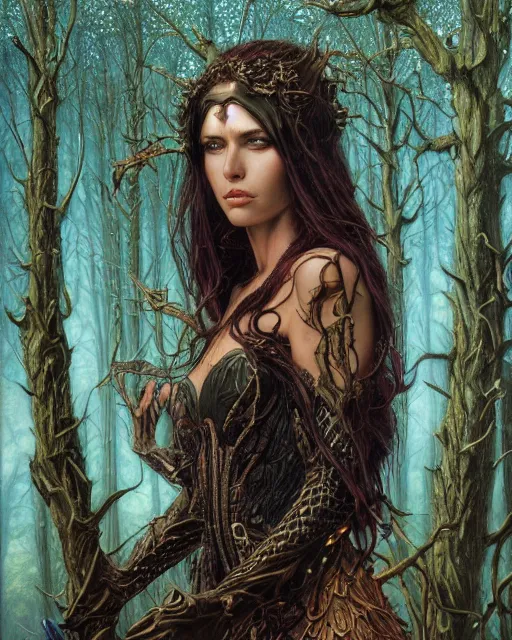 Image similar to a highly detailed airbrush painting of an evil female fantasy sorceress with piercing beautiful eyes standing on a forest meadow, dead trees, night, art by karol bak and donato giancola and mark brooks, centered, full size, hires, 4 k, high resolution, sharp focus