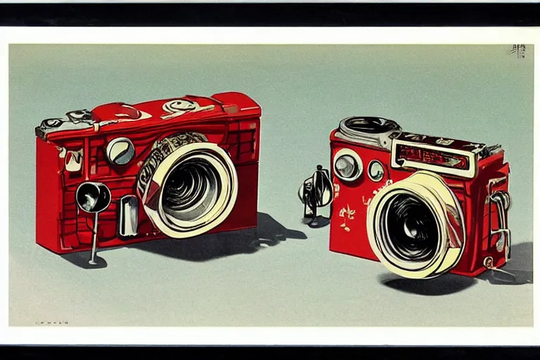 Prompt: camera advertisment, still life, 1 9 7 0 s japan shouwa advertisement, print, nostalgic