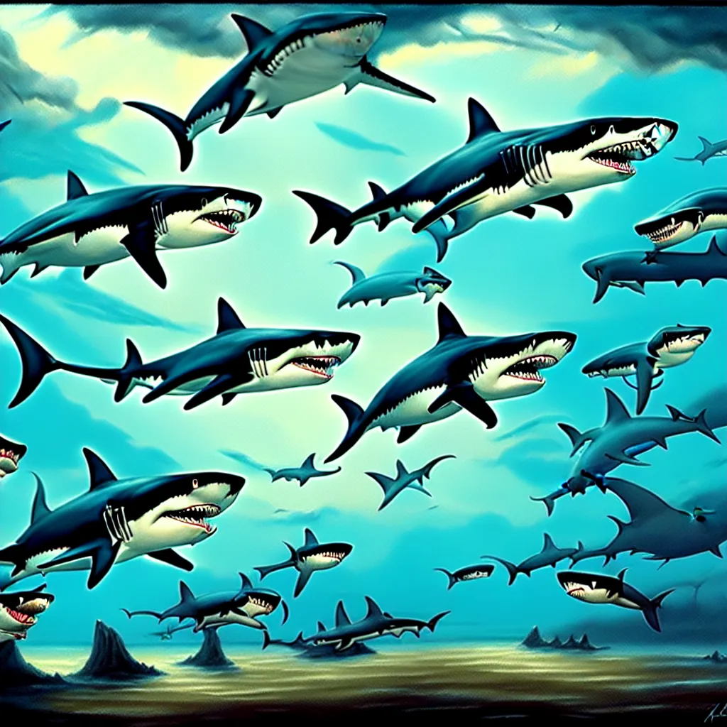 Image similar to shark party, detailed matte painting, oil on canvas, atmospheric, field of depth, fantasy, grim, dark, trending on artstation