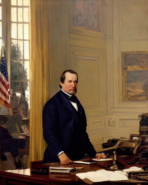 Prompt: close - up portrait of the united states president, thanos, standing at the resolute desk, 1 8 4 8, attractive, oil on canvas by william sidney mount, trending on artstation, national archives