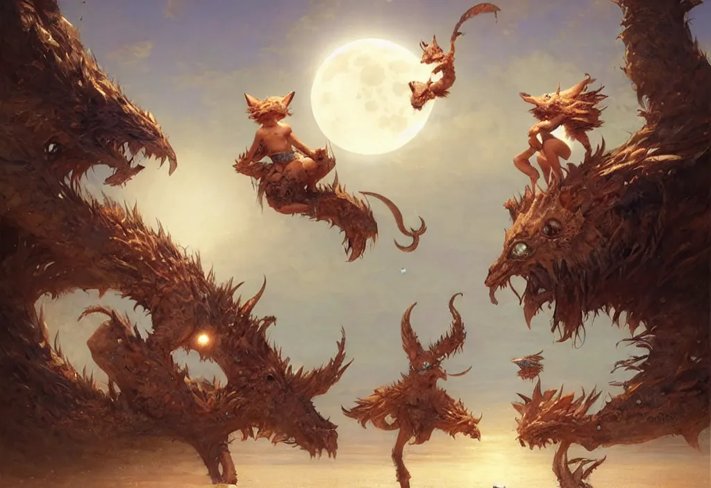 Prompt: cute fantasy critters at the beach looking at the moon, ultra realistic, concept art, highly detailed by greg rutkowski, gaston bussiere, craig mullins, simon bisley