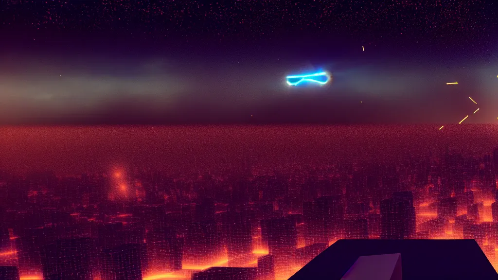 Prompt: falling a meteor view of a city from the top of a building at night, glowing stars, dramatic lighting, octane render