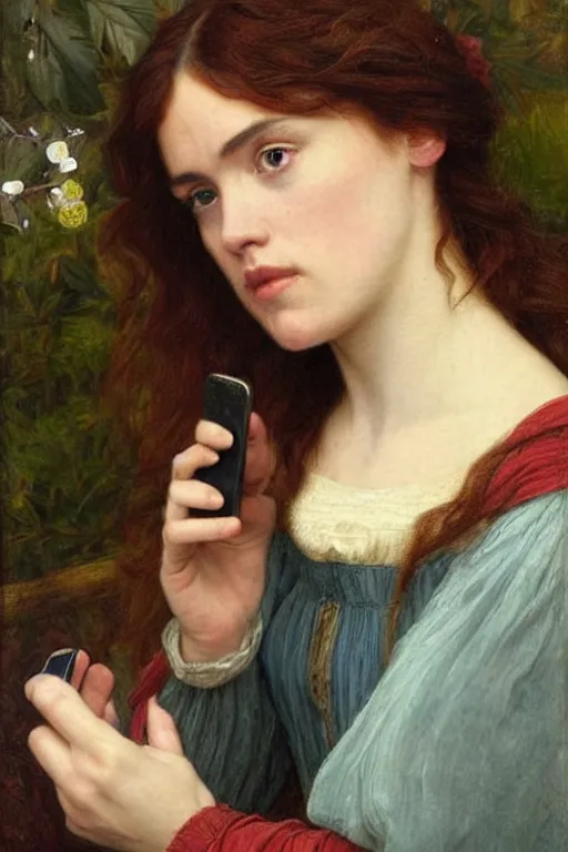 Image similar to a pre raphaelite painting of daisy ridley looking disinterestedly at her phone by dante gabriel rossett