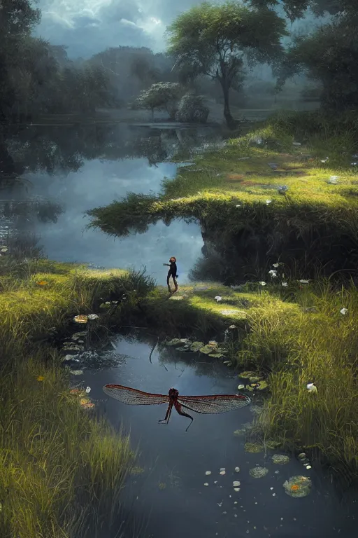 Image similar to a portrait of a dragonfly above a pond by Greg Rutkowski, Sung Choi, Mitchell Mohrhauser, Maciej Kuciara, Johnson Ting, Maxim Verehin, Peter Konig, final fantasy , mythical, 8k photorealistic, cinematic lighting, HD, high details, atmospheric,