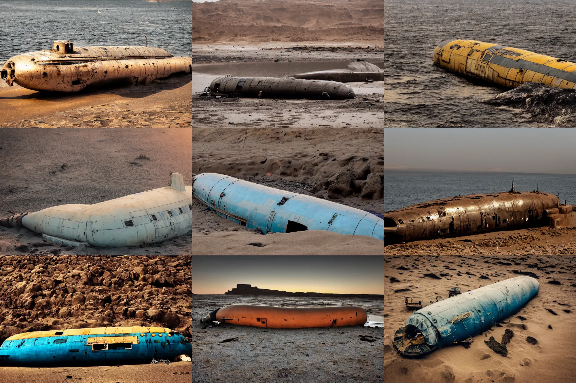 Prompt: beached submarine in the middle of sanaa, incredible, award winning, up close, climbing, beaching, rust, sadness, golden hour