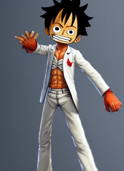 Prompt: a professional render of luffy wearing a white suit, concept art, sharp detail, smooth render, trending on ArtStation