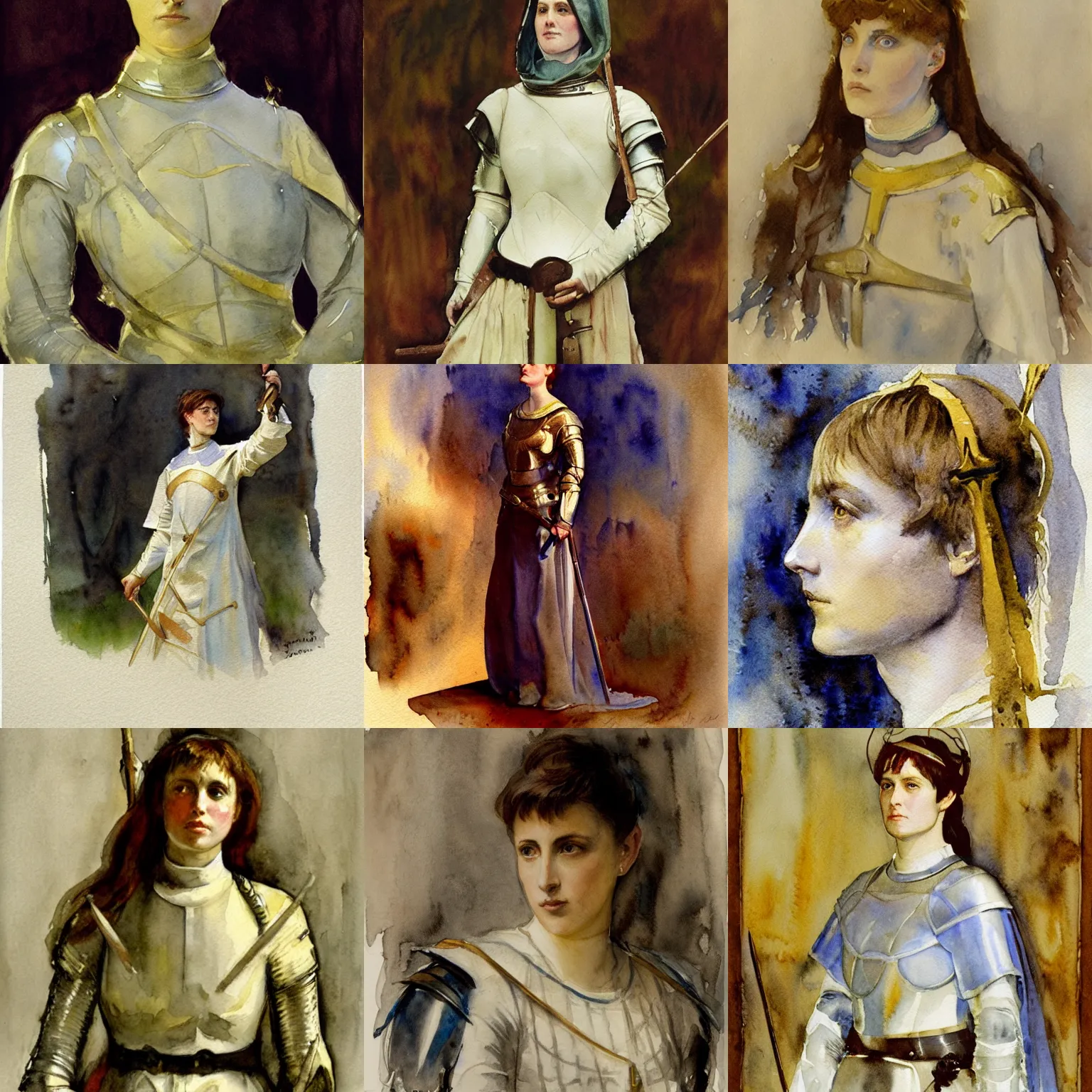 Prompt: joan of arc, intricate watercolor portrait by john singer sargent