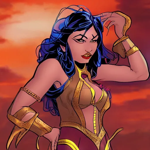 Prompt: a drawing of a filipino woman in a costume, a comic book panel by paul pelletier, artstation, arabesque, dc comics, marvel comics, official art