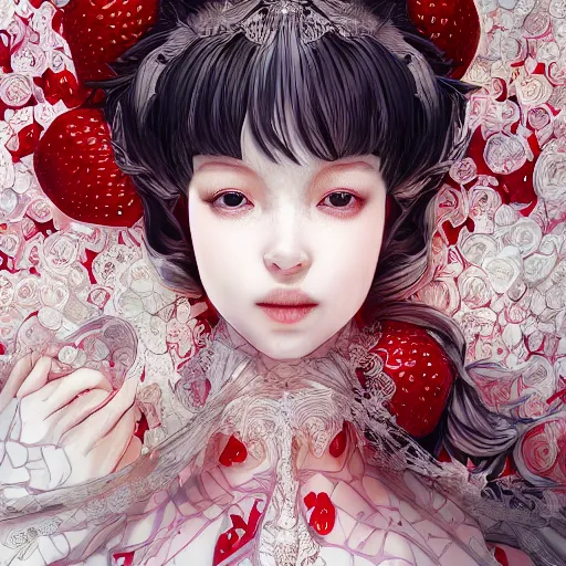 Image similar to the portrait of an absurdly beautiful, graceful, elegant, sophisticated, fashionable young gravure idol made of strawberries and white petals, an ultrafine hyperdetailed illustration by kim jung gi, irakli nadar, intricate linework, bright colors, octopath traveler, final fantasy, unreal engine 5 highly rendered, global illumination, radiant light, detailed and intricate environment