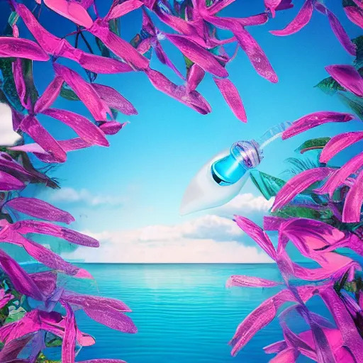 Prompt: centered bright perfume bottle standing in clear blue rippling water surrounded by a plethora of white flowers and tropical leaves and fauna upfront, with dreamy bright blue sky and clouds in the background, illumination lighting, sharp focus, surreal photography, lois van baarle,