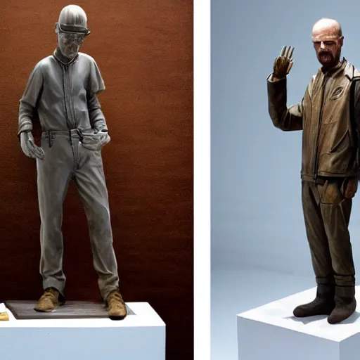 Image similar to jesse pinkman and walter white has been transformed into inanimate bronze statues, in a museum