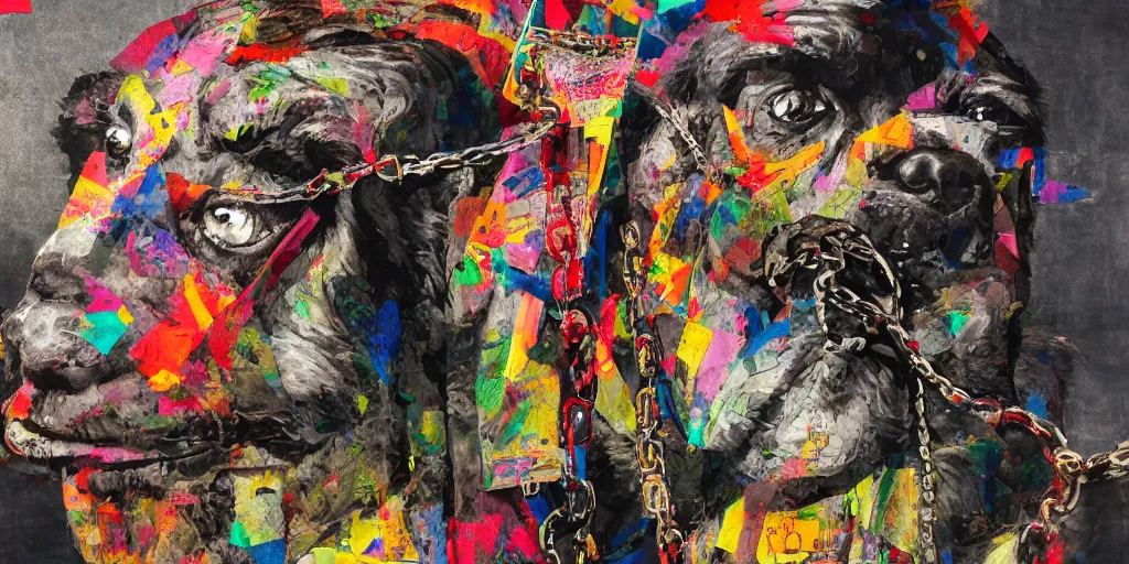 Prompt: mad dog on a chain, collage paper and tape, acrylic on canvas, hyperrealism mixed with expressionism, high resolution, cinematic, unreal 6 breathtaking detailed, by blake neubert and matt sesow
