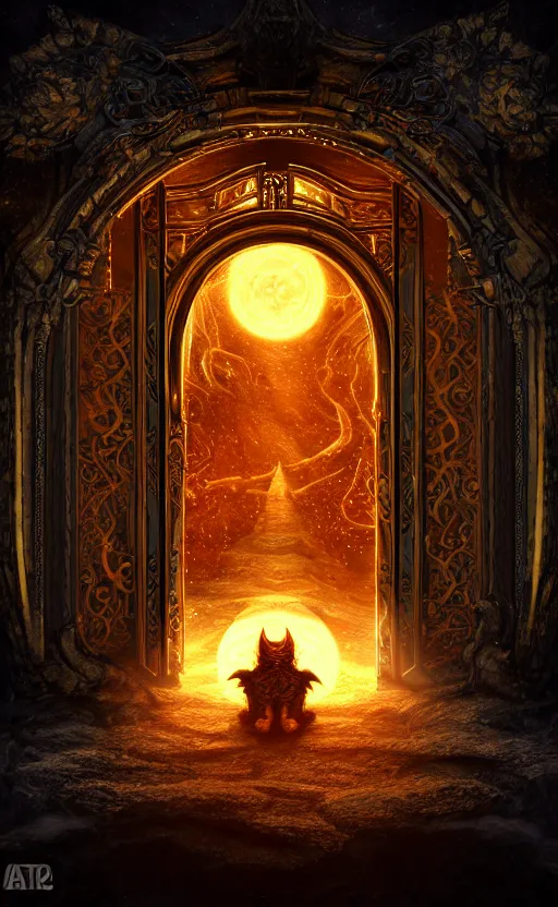 Image similar to a ornamental gate into space a demon emerges from it, ornament, intarsia, portal, doorway, dynamic lighting, ambient lighting, atmospherical, photorealistic fantasy concept art, trending on art station, stunning visuals, creative, cinematic, ultra detailed