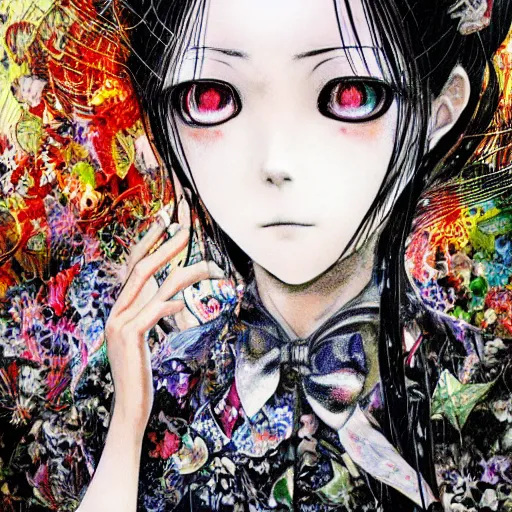 Image similar to yoshitaka amano realistic illustration of a sinister anime girl with black eyes and long wavy white hair wearing dress suit with tie and surrounded by abstract junji ito style patterns in the background, blurry and dreamy illustration, noisy film grain effect, highly detailed, oil painting with expressive brush strokes, weird portrait angle