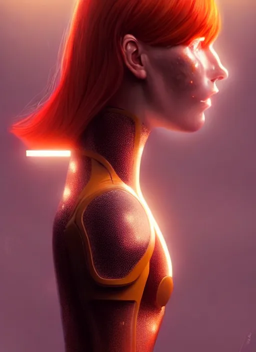 Image similar to an extremely detailed beautiful redhead scandinavian female humanoid with freckles, by loish, d & d, fantasy, cyber neon lighting, futurism, cyberpunk glossy latex suit, elegant profile posing, perfect anatomy, hyper photorealistic, digital photography, artstation, pinterest, concept art, art by pascal blanche and greg rutkowski,