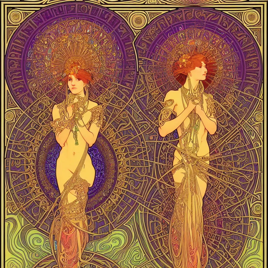 Image similar to psychedelic sacred geometry, intricate, sophisticated, ultra realistic, incredibly detailed, diagram, illustration, trending on artstation, art by alphonse mucha