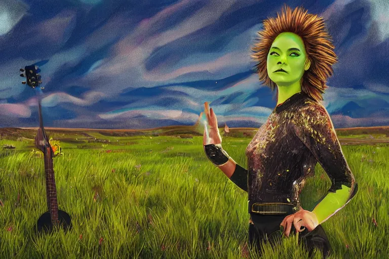 Prompt: a concert on a green icelandic field by in the style of bjork and metallica, digital painting, stylised, extreme nature 4 k