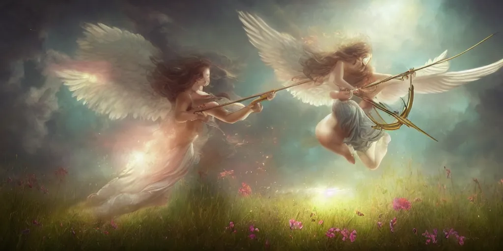 Prompt: An angel with beautiful face shooting luminous arrows with a bow on a country landscape covered with flowers, inspired by Amandine Van Ray, Christophe Vacher, trending on artstation, heavenly colors, volumetric lighting