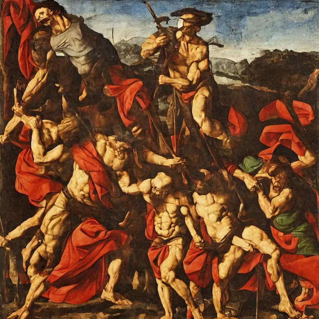 Image similar to painting of goliath against david, leonardo dainvici style,