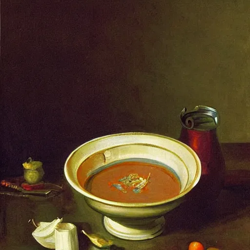 Image similar to by william hogarth graceful, opulent. in this performance art, the artist has used a photo - realist style to depict a can of soup. the can is placed on a plain background, & the artist has used bright, primary colors to create a striking image. the performance art is both realistic & abstract