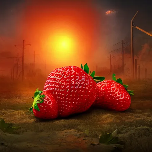 Image similar to huge strawberries fall to earth, apocalypse, 4 k, 8 k, trending on artstation