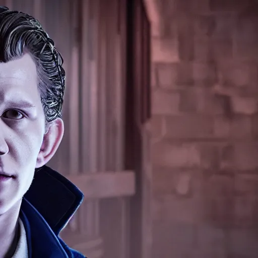 Image similar to tom holland as a rough dirty old man with a scruffy beard in a dark blue trenchcoat as the new doctor who, cinematic, volumetric lighting, f 8 aperture, cinematic eastman 5 3 8 4 film, photorealistic