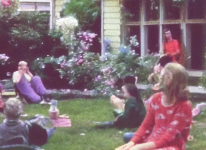 Prompt: Home video footage, Color VHS picture quality with mixed noise, Filmed by dad. Some people in the garden.