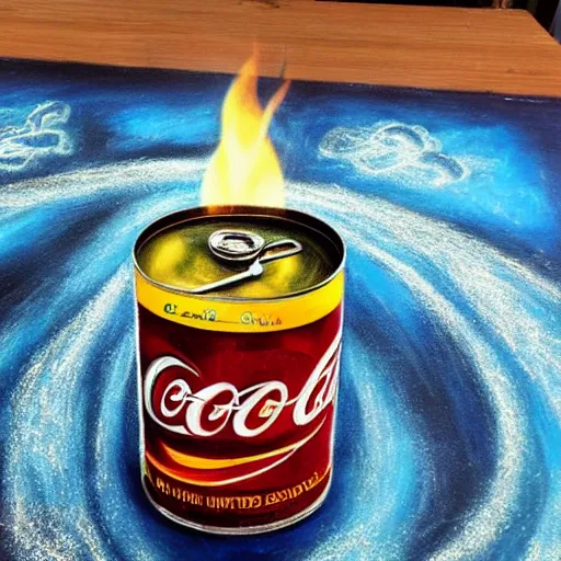 Prompt: a flaming can of cola, chalk art