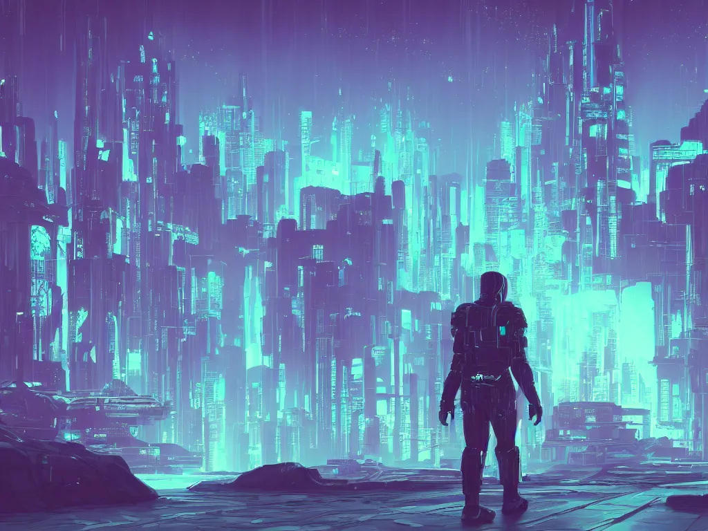 Prompt: a lone traveler walking on a synthwave landscape toward a cyberpunk mythological castle in the distance, space, cyberspace, wide angle, cinematic, holographic, virtual, concept art, Blue and Green color scheme, trending on artstation