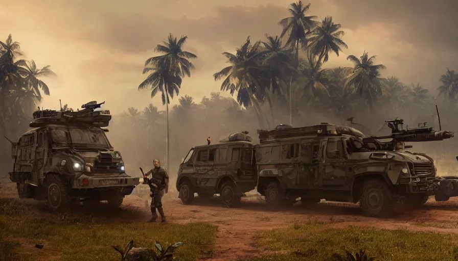 Image similar to a militarized police vehicle riding through a kerala village, troops searching the area, furious action scene, an epic fantasy, dramatic lighting, cinematic, establishing shot, extremely high detail, photorealistic, cinematic lighting, tending on artstation, matte painting, octane render, by simon stalenhag, shadow of the tomb raider, aesthetic