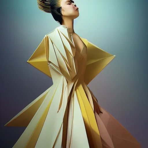 Image similar to 3 / 4 view of a beautiful girl wearing an origami dress, eye - level medium shot, elegant, by eiko ishioka, givenchy, by peter mohrbacher, centered, fresh colors, origami, fashion, detailed illustration, vogue, high depth of field, japanese, reallusion character creator