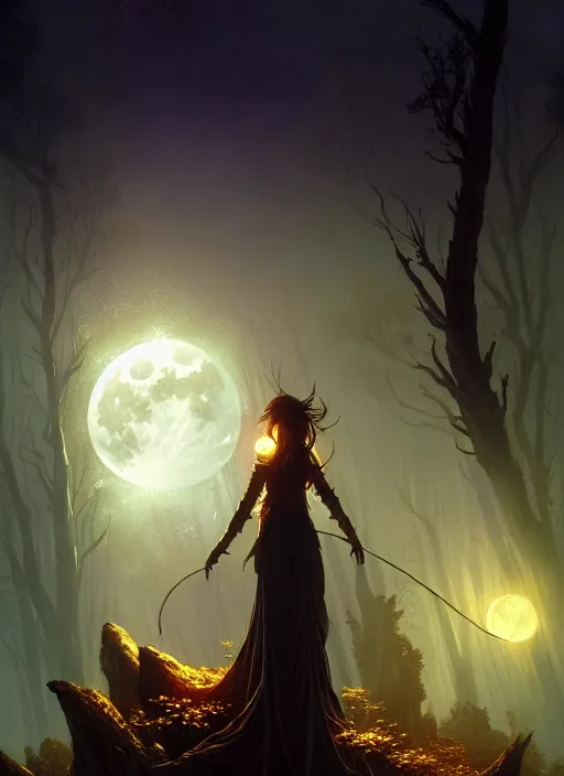 Image similar to fantasy book cover, full moon, fantasy forest landscape, golden vector elements, fantasy magic, dark light night, intricate, elegant, sharp focus, illustration, highly detailed, digital painting, concept art, matte, art by greg rutkowski and Artgerm and Albert Bierstadt, masterpiece