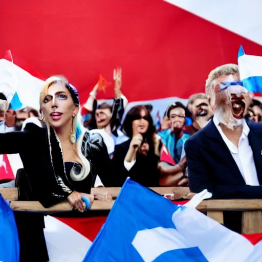 Image similar to Lady Gaga as president, Argentina presidential rally, Argentine flags behind, bokeh, giving a speech, detailed face, Argentina