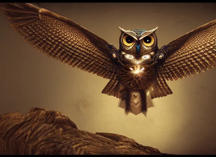 Image similar to a flying Warrior owl art nuveau, steampunk, symmetry, cinematic lighting , unreal engine,