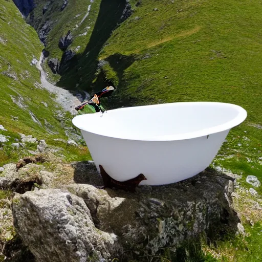 Prompt: dragonfly in a bathtub in the alps, goats!! in background