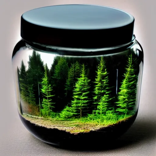 Prompt: glass jar with a forest inside