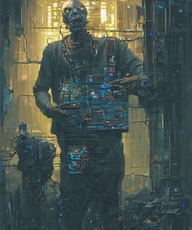 Image similar to a painting of a man holding a machine in his hands, cyberpunk art by les edwards and by michael whelan and by dan mumford, cgsociety, neoplasticism, lovecraftian, future tech, circuitry